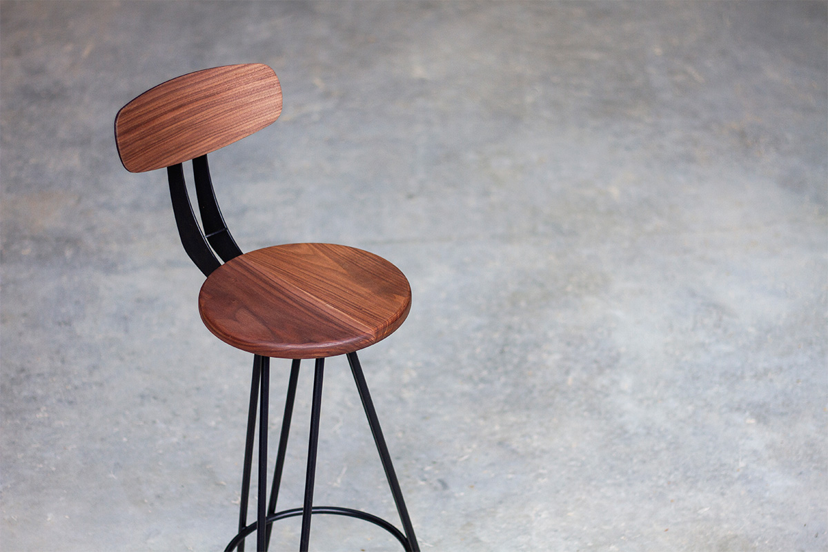 hairpin leg bar chair in charcoal with walnut seat and backrest