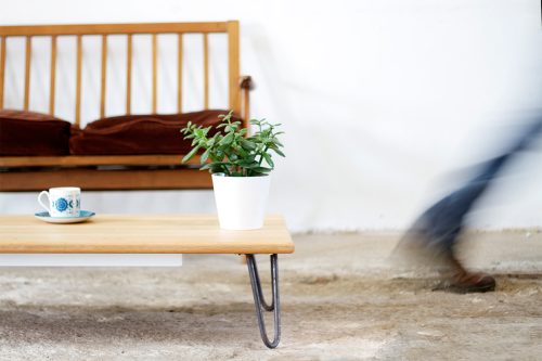 hairpin leg low coffee table with pot plant on it
